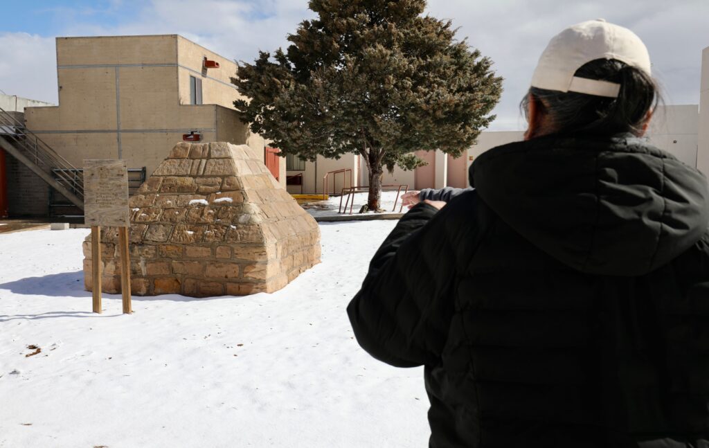 Donald points out time capsule at Hopi Cultural Center (Photo by Clay Jenkinson)