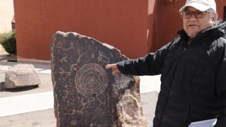 Donald Dawahongnewa explains the meaning of rock art at Hopi Cultural Center.