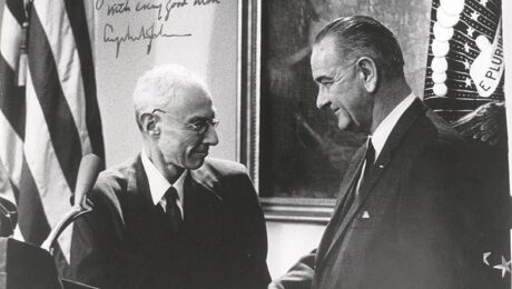 Robert Oppenheimer receiving Enrico Fermin award from President Lyndon Johnson, December 2, 1963. U.S. Dept. of Energy.