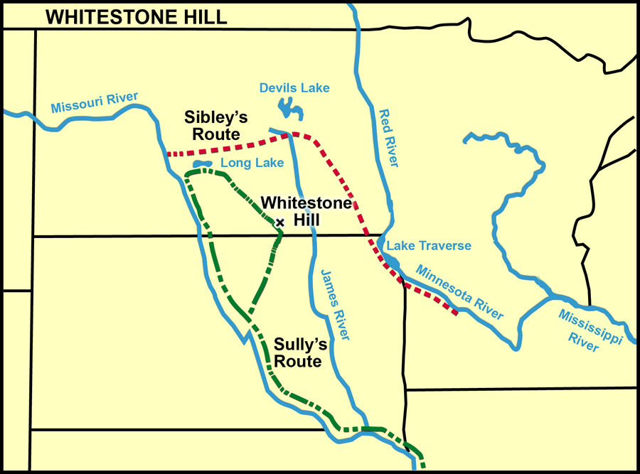 Two military expeditions entered Dakota Territory in the summer of 1863. One column of soldiers was led by General Henry H. Sibley. The other expedition was commanded by General Alfred Sully and culminated in the Battle of Whitestone Hill. N.D. Historical Society.
