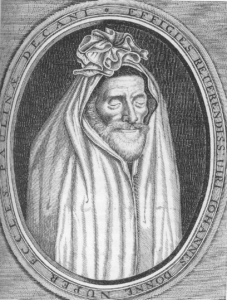 John Donne in his funeral shroud, engraved by Martin Droeshout, 1633.