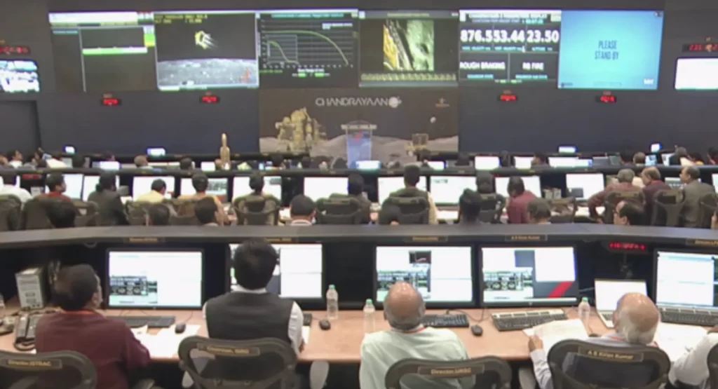 Mission control room for India's successful lunar landing on August, 23, 2023.