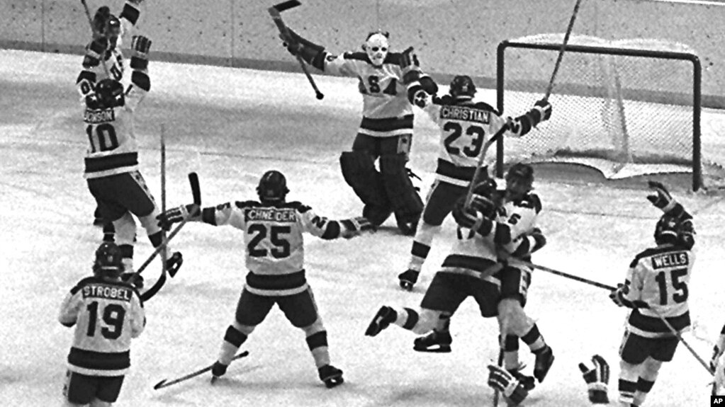 Called the "Miracle on Ice." The 1980 U.S. Olympic hockey team celebrate their upset victory over the Soviet team in the Winter Olympics in Lake Placid, N.Y., on Feb. 22, 1980.