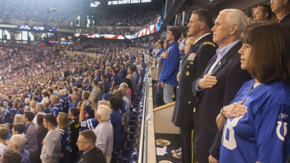 Vice President Mike Pence, Second Lady Karen Pence, and Major General Courtney P. Carr stand for the national anthem before the start of the Indianapolis Colts game against the San Francisco 49ers prior to leaving the game on Sunday, October 8, 2017.
