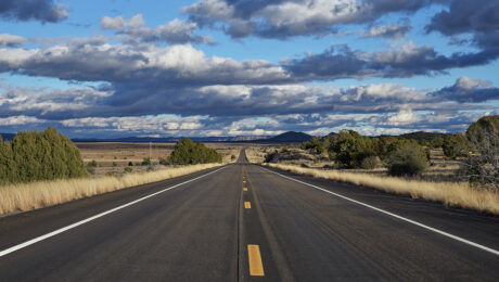 A stretch of old U.S. Highway (Route) 66 in Arizona. America's best-known highway, Route 66, was known as 