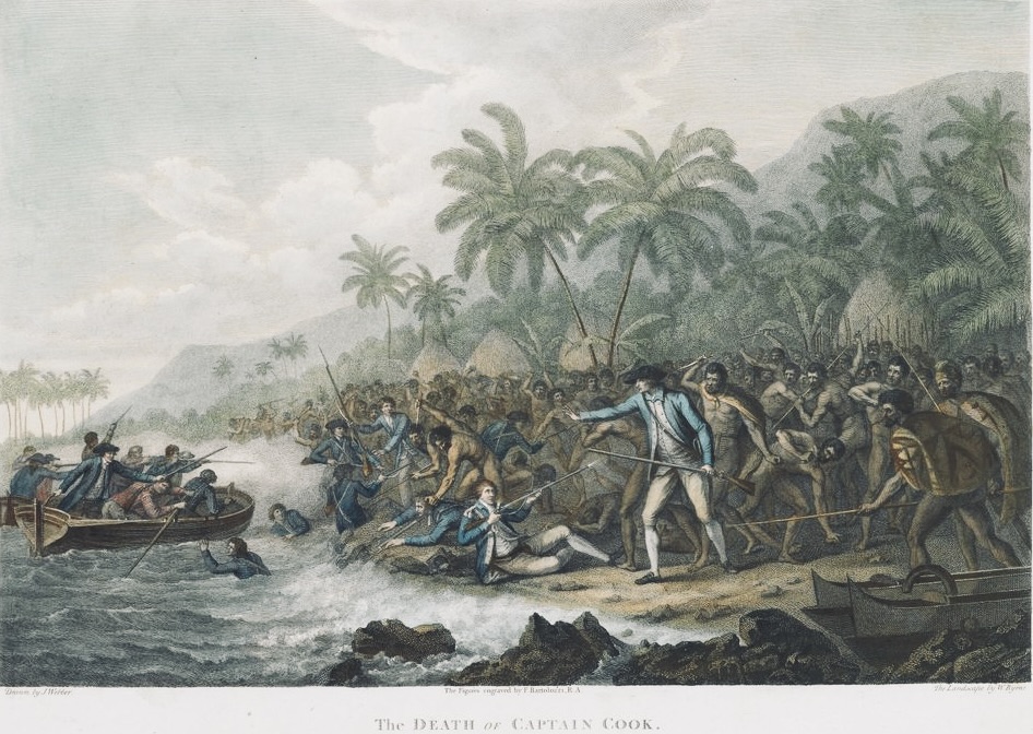 The death of Captain Cook, from a painting by eyewitness John Webber. 1784.