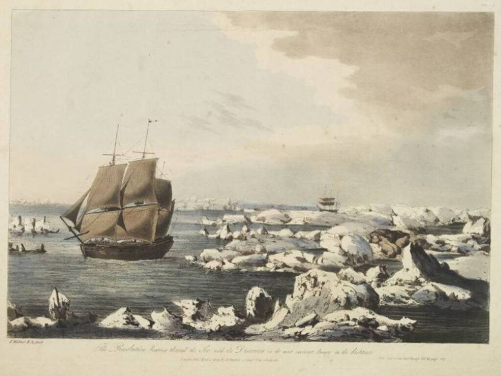 Captain Cook's ship the Resolution with the accompanying Discovery in the distance of Icy Cape, Alaska, 18 August 1778 – Cook’s farthest north. Etching by John Webber, published 1792.