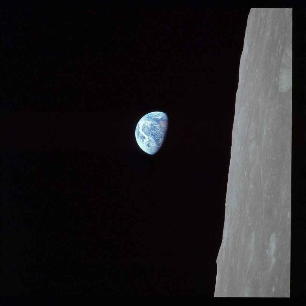 The actual <em>Earthrise</em> photograph was of the Earth “rising” from right to left over the horizon. NASA re-oriented the photo (see above) when it was released to the world