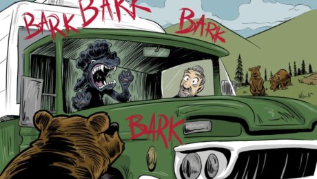 illustration: Steinbeck and Charley with bears in Yellowstone