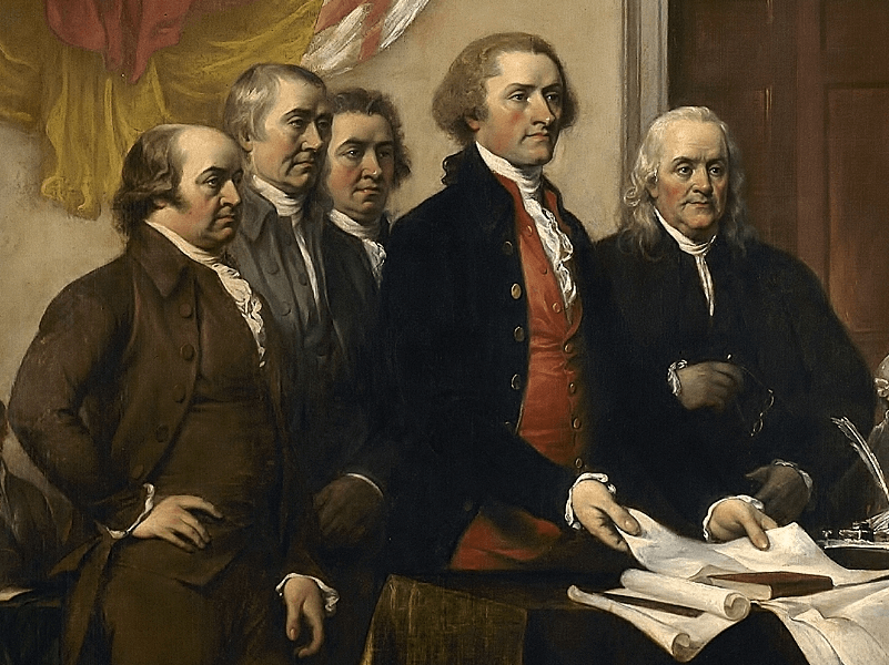 The "Committee of Five" appointed by Congress in the summer of 1776 to draft a Declaration of Independence included John Adams (left)and Thomas Jefferson (center/red vest). (Painting by By John Trumbull - 1819).