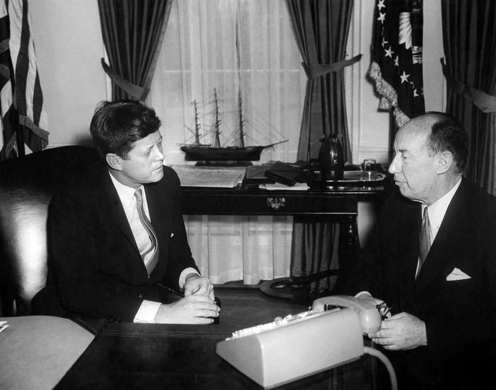 President Kennedy and Adlai Stevenson in the Oval Office.