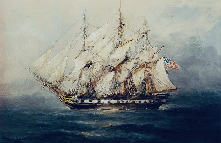 The frigate, The Boston, which John Adams sailed to England. Painted by Rod Claudius, 1962. (U.S. Navy image)