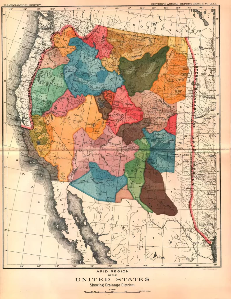 J.W. Powell’s 1890 map of the “Arid Region of the United States,”, presented a radical vision of the American West centered on watersheds rather than on political boundaries.