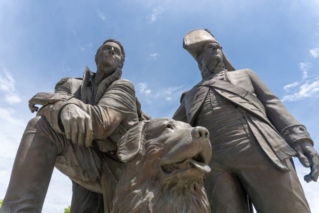 A statute of Lewis and Clark and the expedition's "magical" dog, Seaman. Sioux City, Iowa.