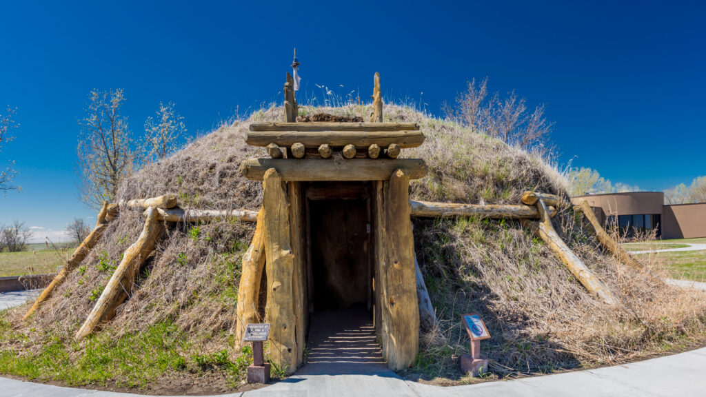 Earth lodge replica at Knife River Indian Village, Fort Mandan, North Dakota, where Sacagawea meets Lewis and Clark.