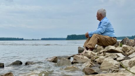 Clay Jenkinson at the confluence of the Mississippi and Missouri Rivers. (Photo by Nolan Johnson)
