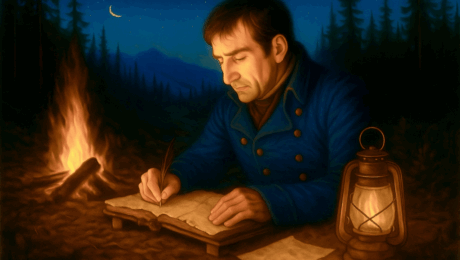 Meriwether Lewis at work on his journals. The renowned explorer was frustratingly inconsistent in keeping an ongoing record of his historic journey across the continent. (Illustration created by Clay Jenkinson using the AI tool Chat GPT)