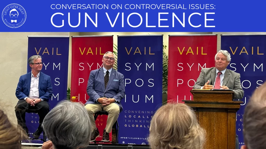 Clay Jenkinson moderating one of an ongoing series of panel discussions entitled "Conversations of Controversial Issues" for the Vail Symposium in Colorado.