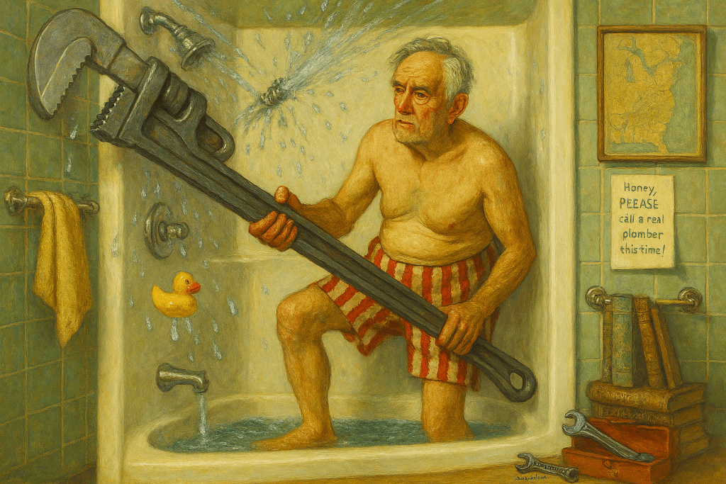 Clay wrestling with his leaky RV shower. (Image courtesy of Clay and ChatGDP)