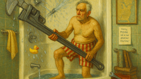 Clay wrestling with his leaky RV shower. (Image courtesy of Clay and ChatGPT)