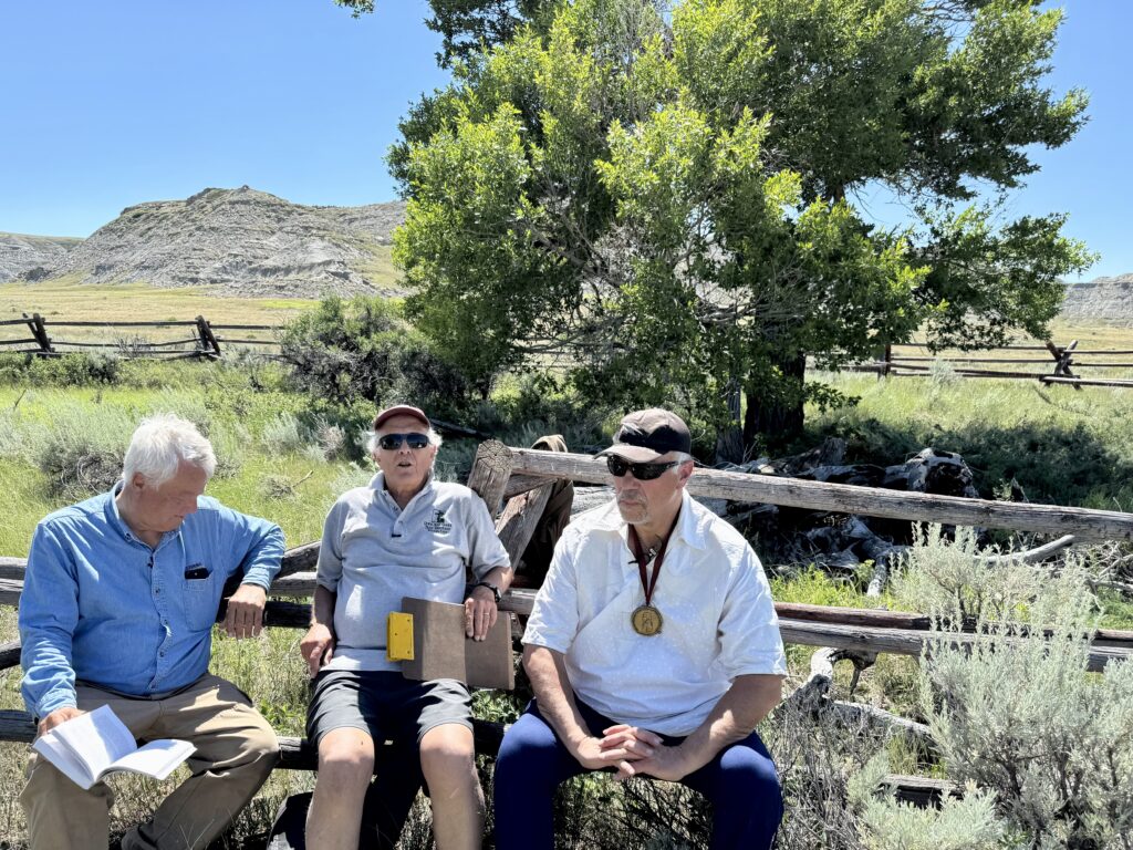 Clay (left) and two Lewis and Clark historians, Larry Epstein (center) and Jack Gladstone (right) at the camp where Meriwether Lewis camped the night before his fatal encounter with a group of young Blackfeet.