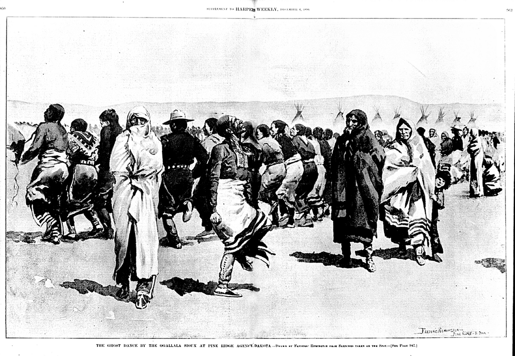 A Ghost Dance by the Oglala Lakota at Pine Ridge Agency. Illustration by Frederic Remington from sketches he took on the location, published in Harper's Weekly, December 6, 1890.
