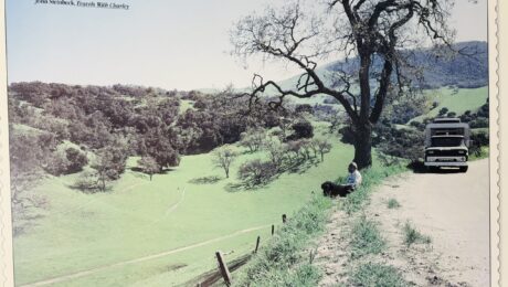 A rare photograph of John Steinbeck, his dog Charley, and the truck camper, Rocinante, taken in the hills near Salinas, California. The image is one of the few that exist from Steinbeck's 1960 road trip that became the basis for Travels with Charley.