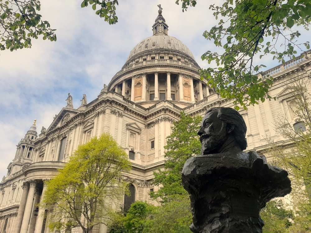 Bust of poet John Donne outside St Paul's Cathedral in central London.