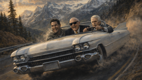 Clay behind the wheel of the Caddy with the late Senator Alan Simpson in the middle and author Jack Kerouac riding shotgun.