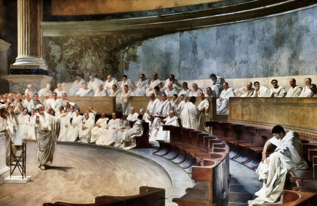 A fresco by artist Cesare Maccari (1840-1919) depicting Roman Consul Cicero (63 BCE) denouncing Catiline's conspiracy to overthrow the Republic in the Roman senate.