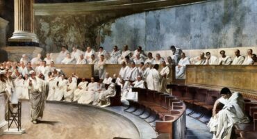 A fresco by artist Cesare Maccari (1840-1919) depicting Roman Consul Cicero (63 BCE) denouncing Catiline's conspiracy to overthrow the Republic in the Roman senate.