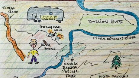 Clay's map from day one on his 2026 exploration of Teddy Roosevelt's West, between In Burning Coal Vein National Forest, N.D., between Bullion Butte and Devils Tower.