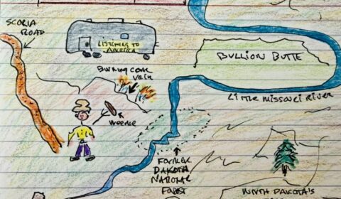 Clay's map from day one on his 2026 exploration of Teddy Roosevelt's West, between In Burning Coal Vein National Forest, N.D., between Bullion Butte and Devils Tower.