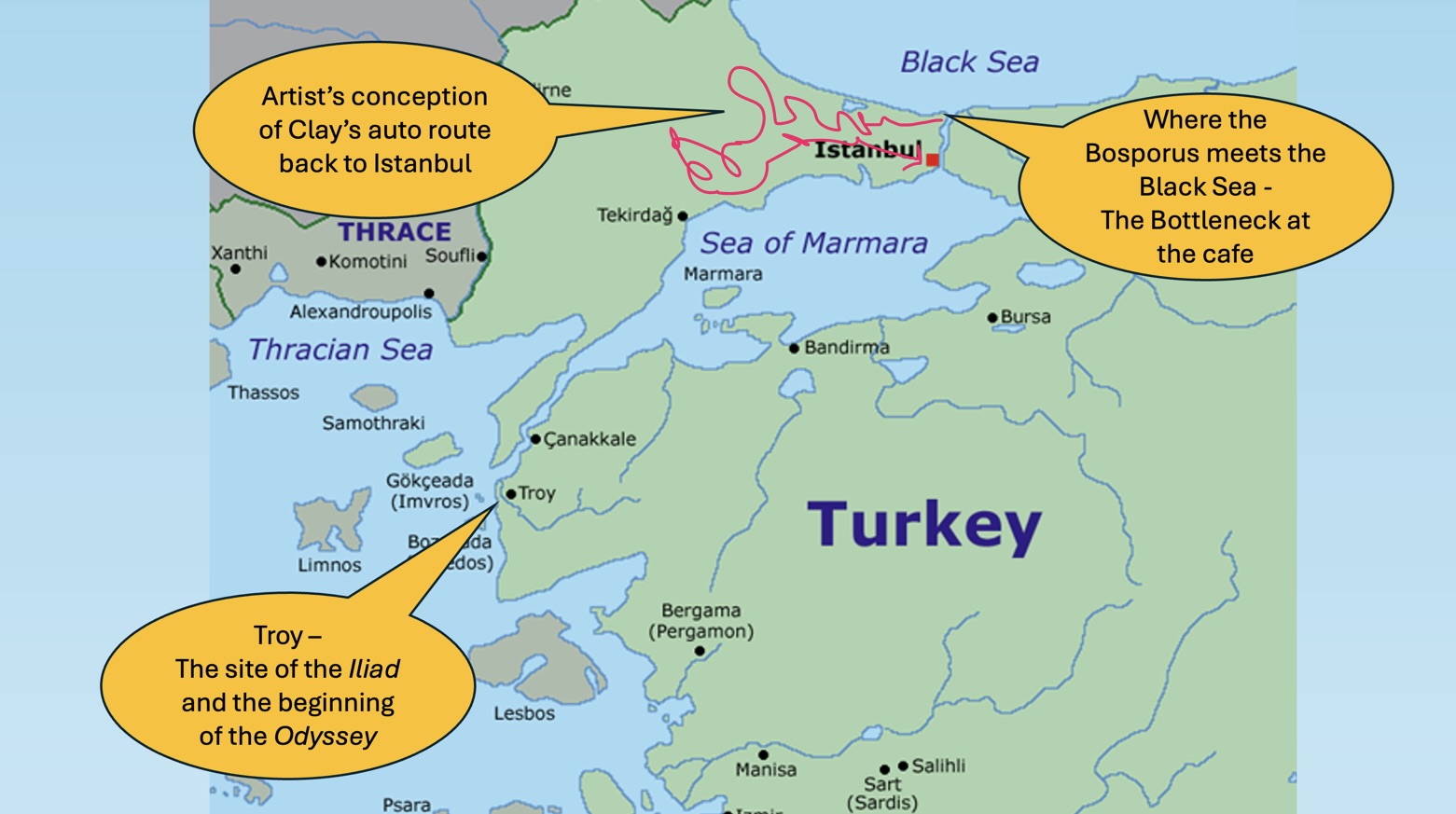 Map of western Turkey with three yellow speech bubbles labeling Troy (Iliad/Odyssey site), Clay’s imagined auto route back to Istanbul, and the Bosporus bottleneck at the cafe.