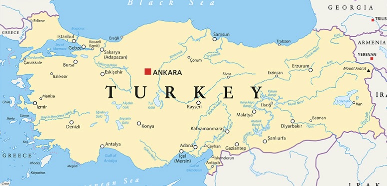 Map of Turkey highlighting major cities.