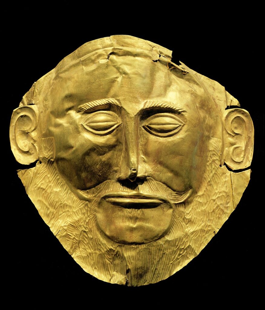 The famous Mask of Agamemnon, a golden funerary mask found by archaeologist Heinrich Schliemann in 1876 in Mycenae, southern Greece. Schliemann believed it belonged to the legendary King Agamemnon.