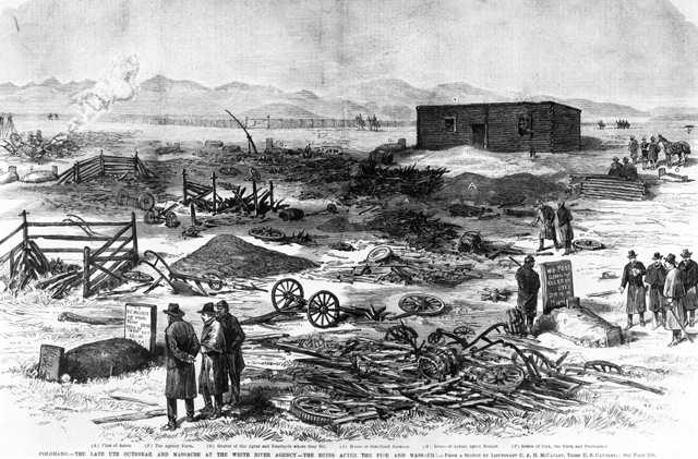 A reproduction of a sketch of soldiers surveying the damages after the fire and battle with the Ute people that broke out on September 29, 1879 at the White River Indian Agency. Nathan Meeker and his eight male employees were killed during the fighting, and his wife and daughter were taken hostage.