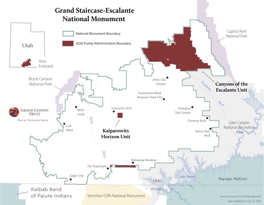Map showing reduction in boundaries to the Grand Staircase-Escalante National Monument as a result of President Trump's January 13, 2026 executive order.