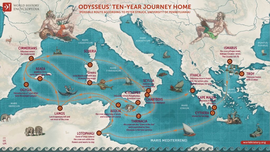 Map showing Odysseus’s ten-year journey home across the eastern Mediterranean. (World History Encyclopedia.