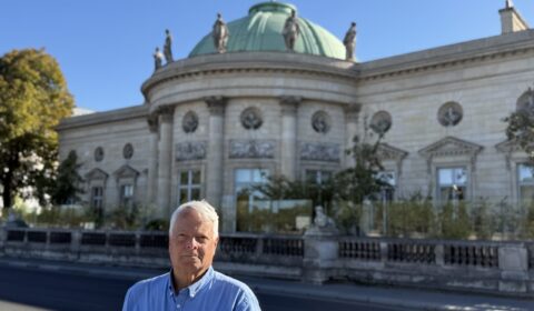 Clay in front of the historic Palais de la Légion d'Honneur, on the Left Bank of the River Seine in Paris, France.