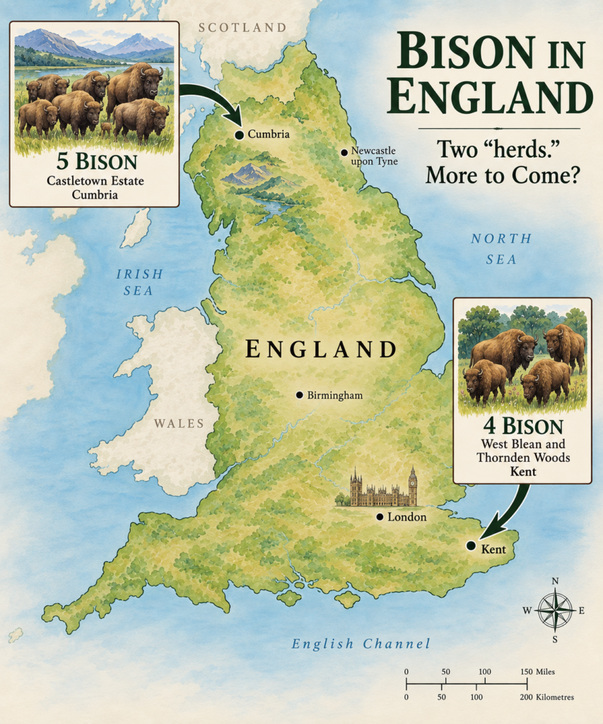 Map of England with insets showing bison herds: 5 Bison in Cumbria and 4 Bison in Kent; arrows mark their locations.