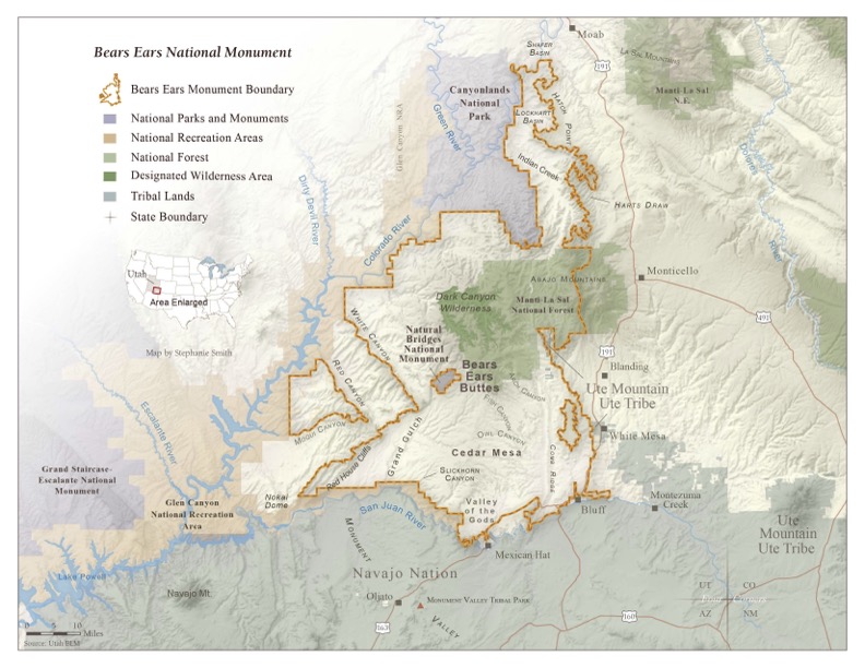 Map of Bears Ears National Monument, prior to 2026 reductions by U.S. Dept. of the Interior.