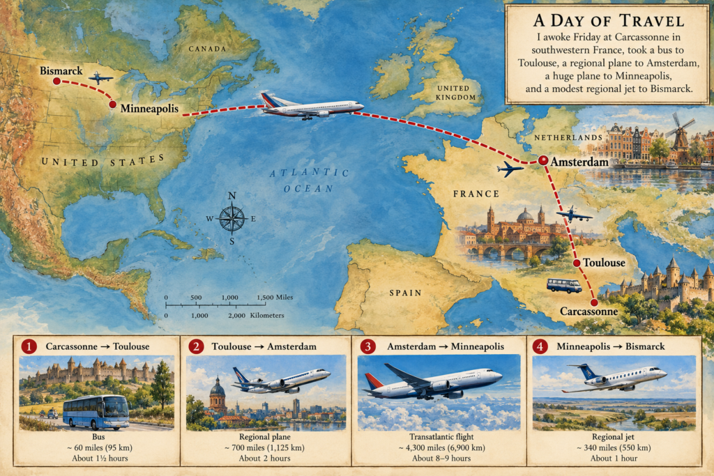 Map showing a travel route from Carcassonne to Minneapolis via Toulouse and Amsterdam, marked by a red dotted line and airplane icons.