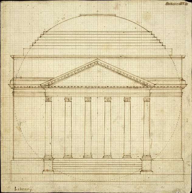 An ink-and-pencil architectural drawing by Thomas Jefferson showing the South Elevation of the Rotunda at the University of Virginia.