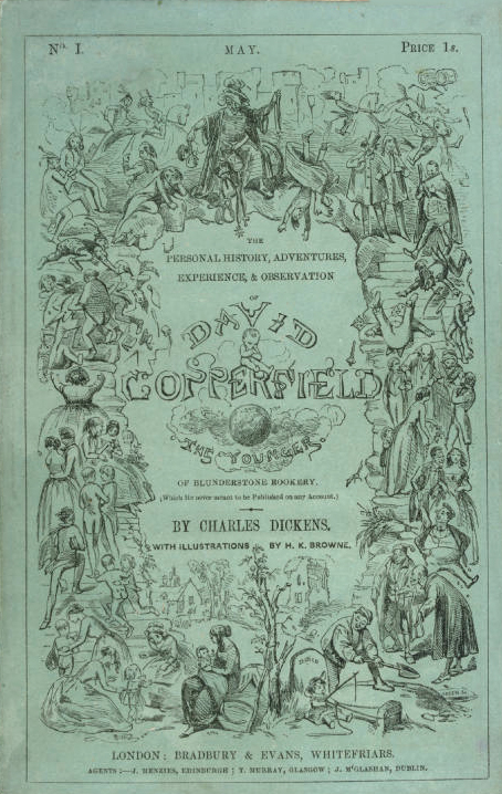 Vintage book cover for David Copperfield, surrounded by border illustrations of scenes from the novel; title and author credits at center.